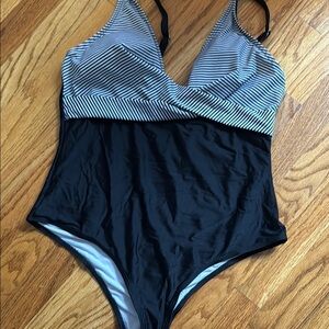 Black and White One Piece Swimsuit with V-Neckline